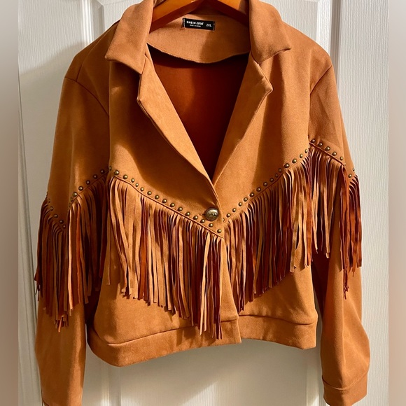 Plus Studded Detail Fringe Trim Lapel Neck Suedette Jacket - Picture 4 of 4